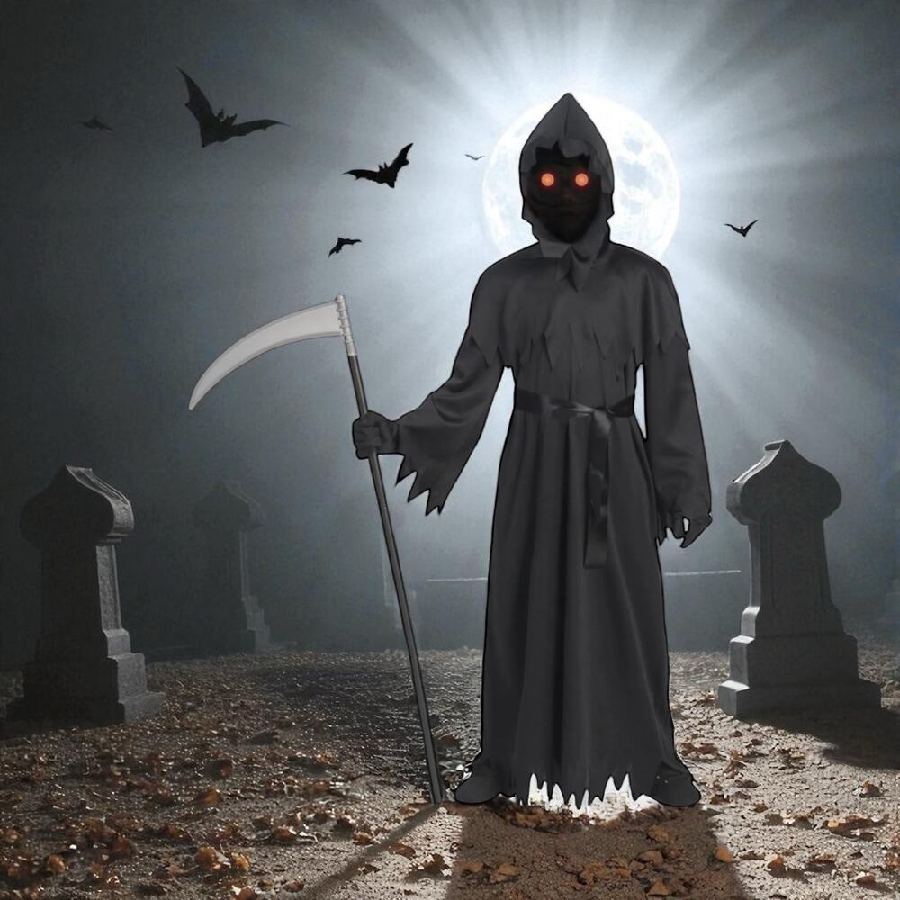 Spooktacular Creations Grim Reaper Costume Glowing Eyes Child's Sz. M 8-10